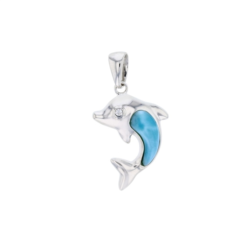 925 Sterling  Silver Larimar Dolphin w Clear CZ Eyes Pendant  3.9 gm